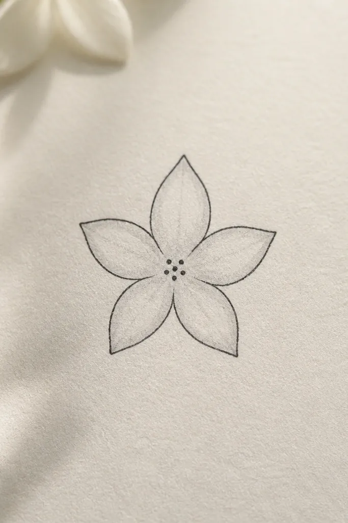 A small circular jasmine flower drawn in pencil and outlined with a fine black pen. There are exactly five pointed teardrop petals arranged like a star, with a tiny dot cluster in the center. Petal edges are clean and slightly uneven, giving a hand-drawn look.