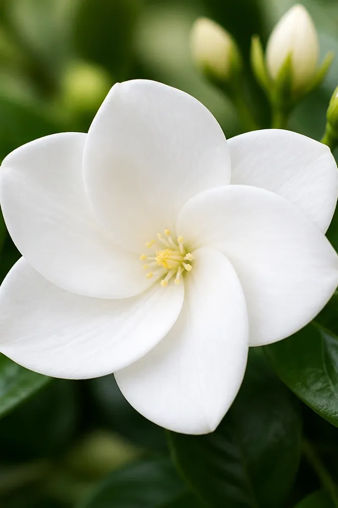 A jasmine bloom with five main petals, but each petal overlaps the next. The outline shows subtle depth: two petals sit slightly in front, while one is partially hidden. The center has a small swirl of short lines and a few dots.
