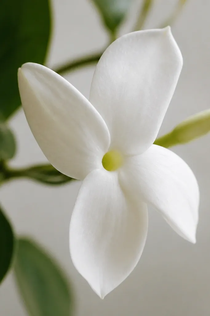 A jasmine bloom drawn from an angle. Petals appear as partial teardrops, with only three clearly visible. The center is slightly off-center, and one petal edge is tucked behind another.