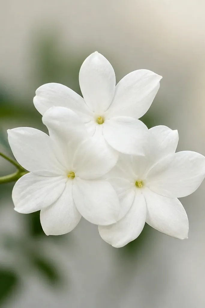 Three jasmine flowers clustered together with overlapping petals and shared spacing. Each flower has a small center, but the petals blend at the edges. The cluster sits on a light branch line.