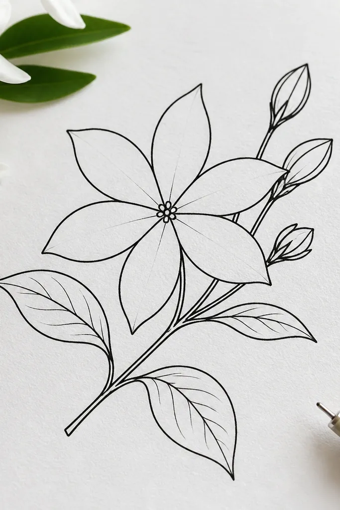 A jasmine flower drawn with clean black ink only. The petals are teardrops with pointed tips, and the center is a small dot cluster. No color shading is present.