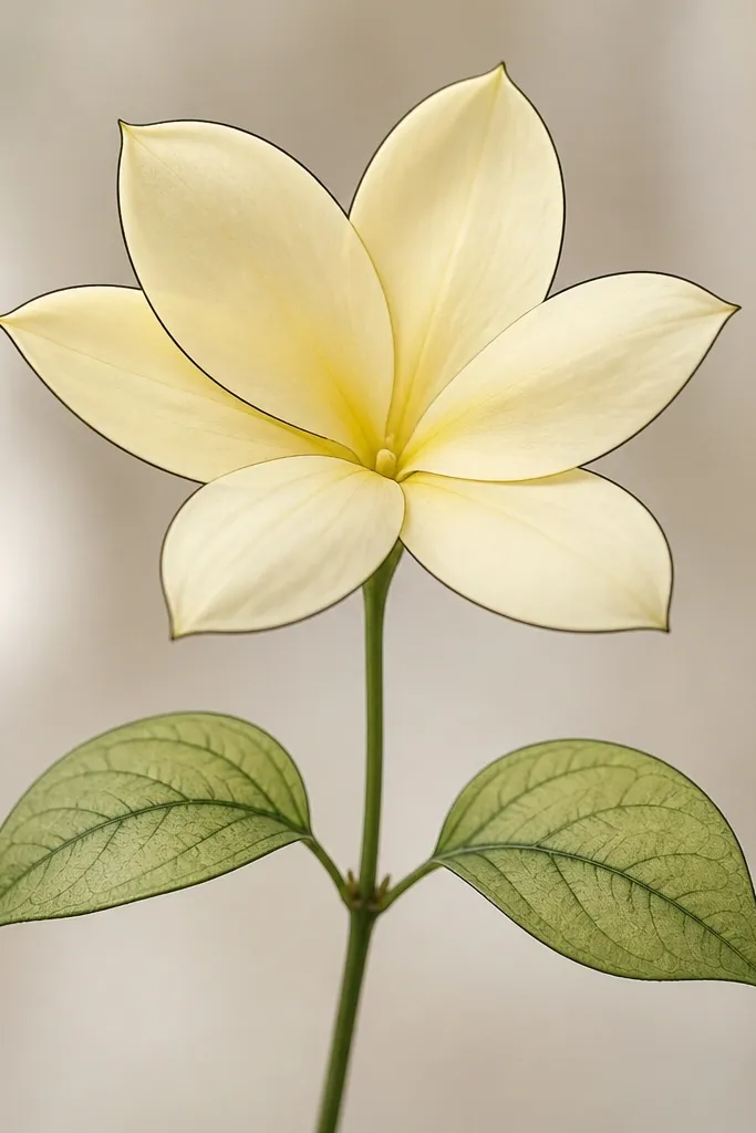 A jasmine flower with two small leaves on either side of the stem. The leaves are teardrop-shaped and shaded pale green with darker veins. The jasmine petals are pale yellow and outlined in black.