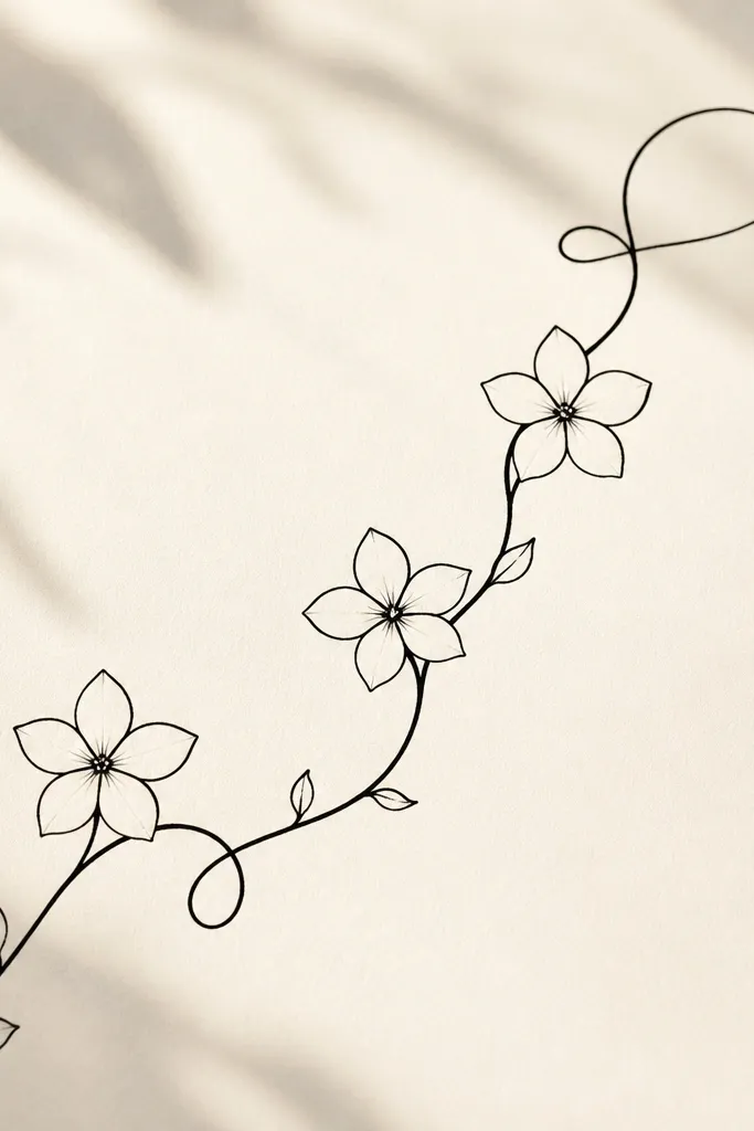 A looping vine line drawn in ink with three jasmine flowers attached along the curve. Each flower is simple with five petals and a small center. The vine has small twists and the flowers follow the curve.