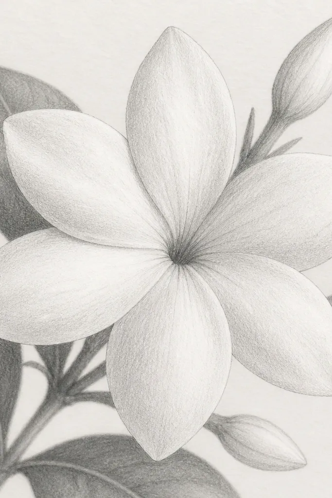 A jasmine bloom drawn with pencil shading texture instead of marker or pen. Petals are teardrops with visible graphite grain. The center is a small shaded cluster with light pencil lines radiating outward.