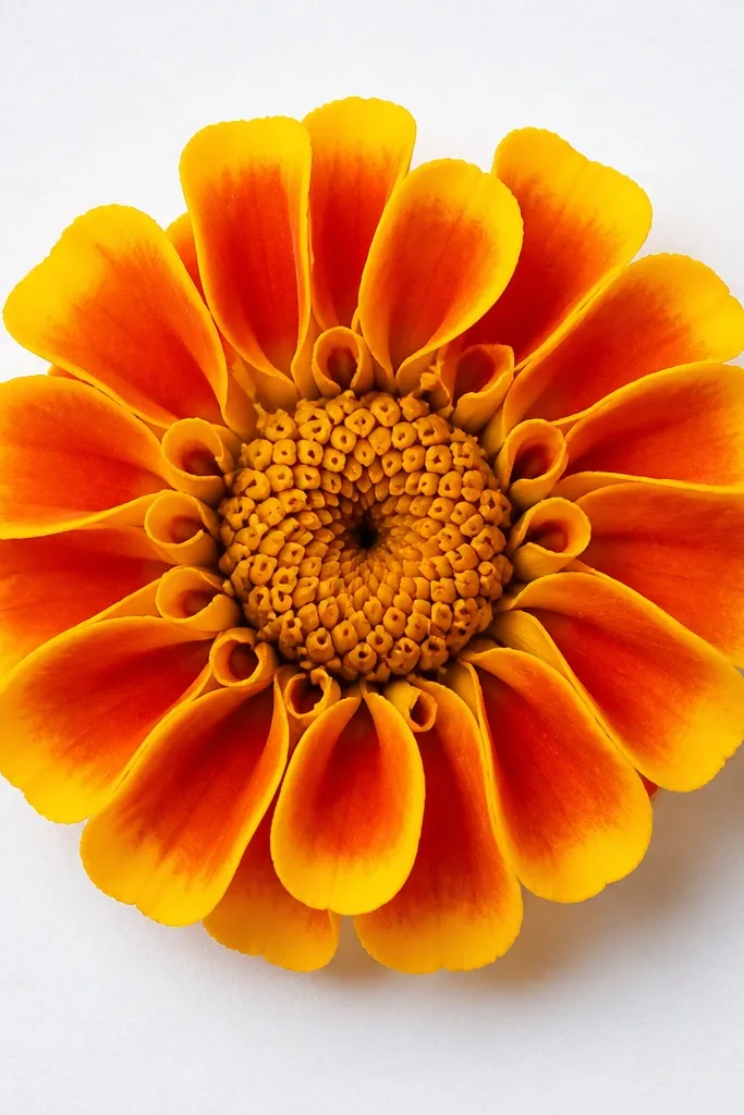 A single marigold on white paper with a tight spiral seed center, then 12 to 16 U-shaped petals around it, colored in warm yellow to orange bands.