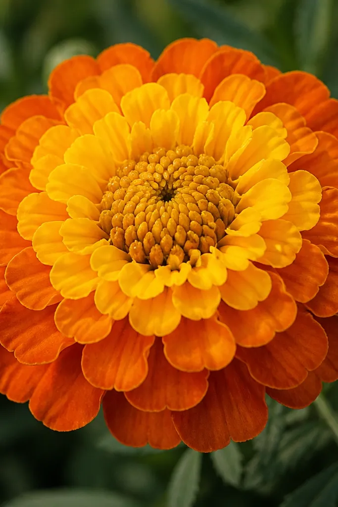 A marigold with a bumpy seed head, surrounded by layered teardrop petals in three bands, colored yellow, tangerine, and deep orange at the edges.