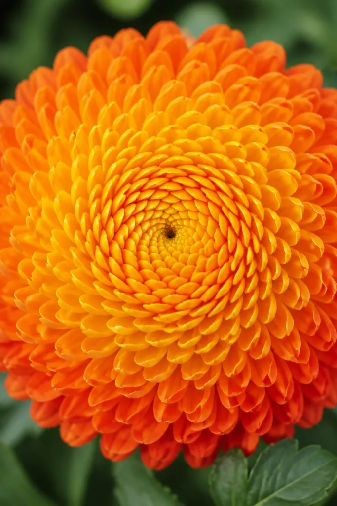 A marigold where petals are made from short comma strokes radiating from a tight center spiral, with a soft yellow-to-red-orange gradient.