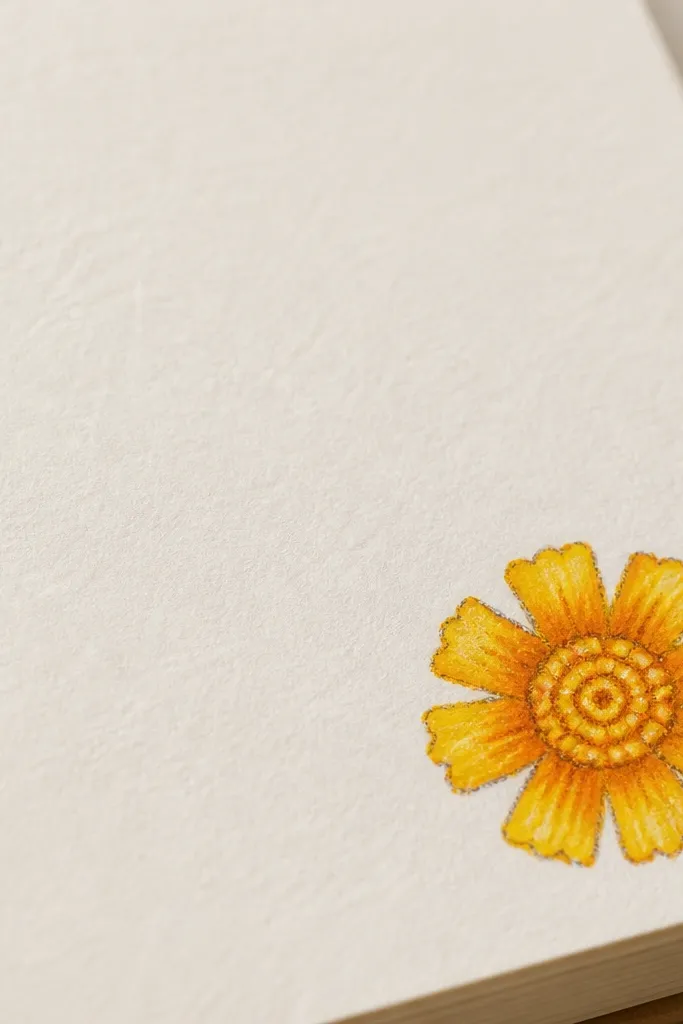 A small marigold drawn in the corner of a page with a spiral seed center and a single ring of short petals, colored bright yellow and orange.