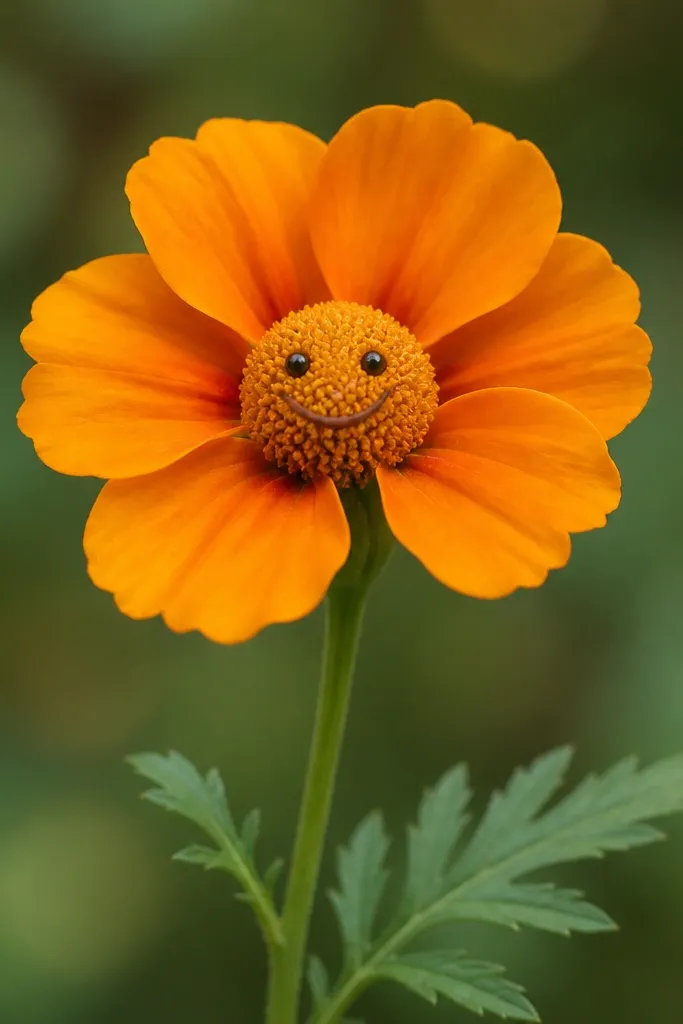A marigold flower with a seed head center, simple petals, and two tiny eyes and a smile on the center, attached to a green stem and leaf.