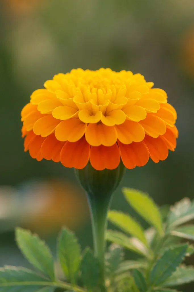 A marigold with exactly three rows of petals like a crown, each row made of small rounded petals, colored from yellow to orange.