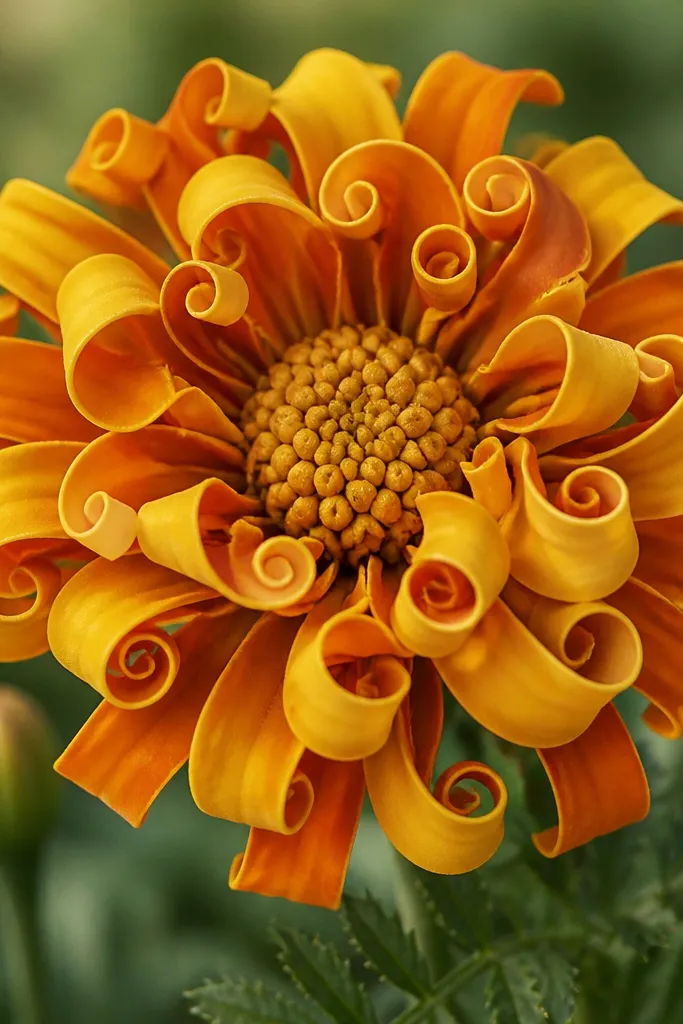 A marigold where petals are curly ribbon shapes, spiraling outward from a textured seed center, colored in yellow and burnt orange.