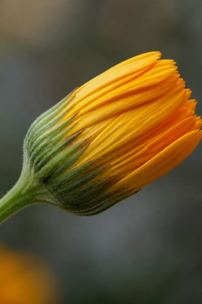 A side-view marigold bud with a narrow seed head and layered petals wrapping toward the back, shaded yellow and orange.