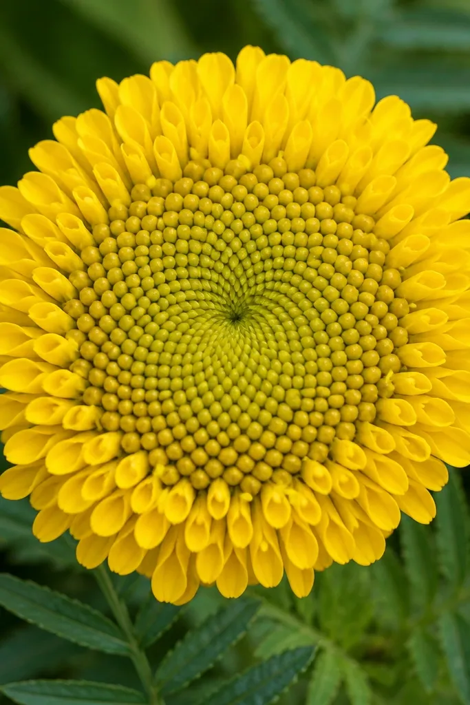 A marigold where the seed spiral is larger than usual, with petals drawn as short teardrops radiating around it, colored bright yellow.