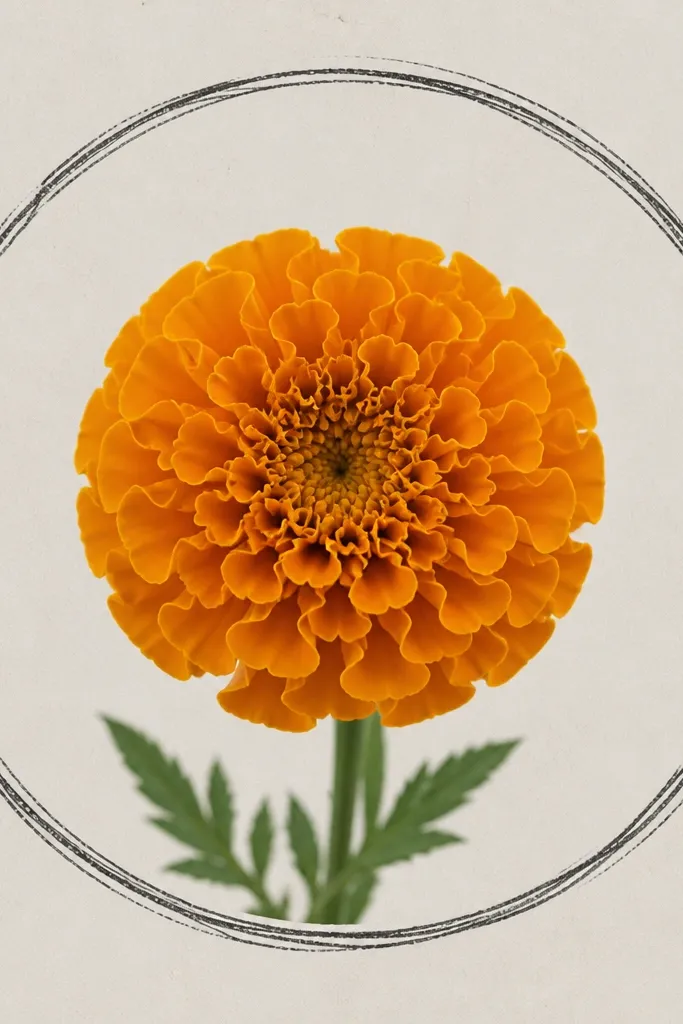 A marigold centered inside a hand-drawn circle frame, with petals as rounded U shapes and a textured seed head.