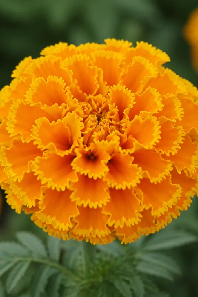 A marigold with U petals whose outer edges have tiny zigzags, giving a frilly look, colored yellow and orange.