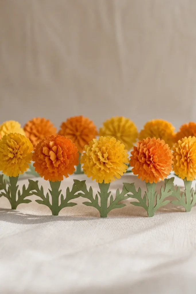 A strip of paper art showing a row of small marigolds with stems, designed like a wearable crown, colored yellow and orange.