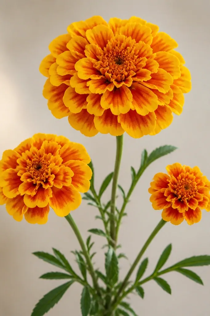 Three marigolds of different sizes arranged like a bouquet, with stems and a few leaves, colored yellow and orange with darker centers.