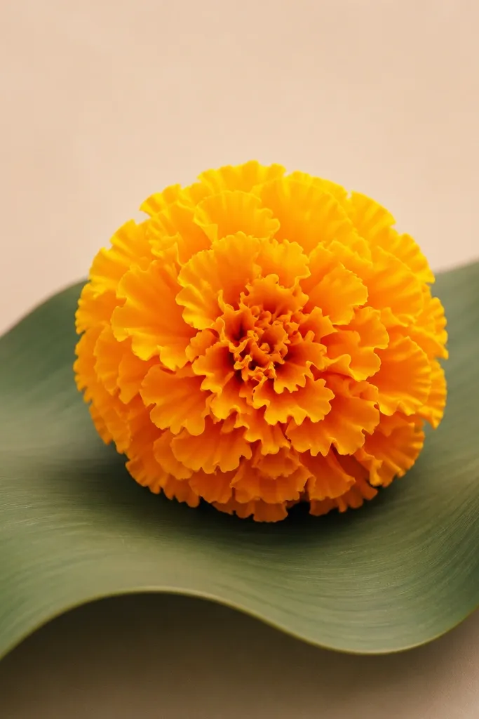 A marigold sitting on a large wavy green leaf shape, with the flower centered and petals colored yellow to orange.