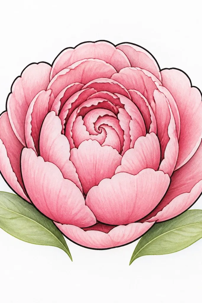 A single peony bloom centered on white paper. The petals form rounded cups with scalloped tips. The center is a tight spiral made from 6 small teardrops, and the outer petals are outlined with a thicker black line. Two simple leaf shapes sit low left and low right in light green.