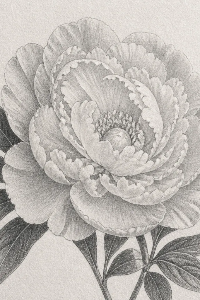 A peony drawn in graphite on textured paper. Petals are shaded with light gray gradients, with bright highlights where a kneaded eraser lifts the pencil. The center has a soft swirl and tiny dot-like stamens. Leaves are shaded with a darker pencil line and lighter fill.