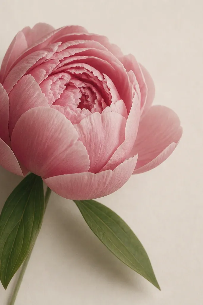 A peony facing slightly to the left, with petals stacked like a half-open flower. There is a clear gap between two outer petals on the right side, showing the paper. The center spiral sits off-center, and two leaves angle downward.