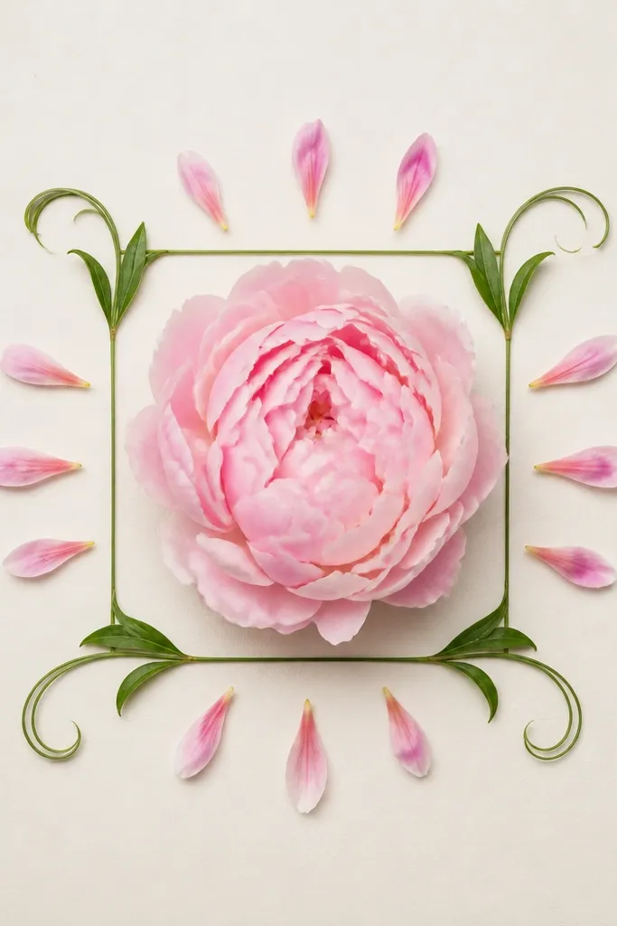 A peony used like a border element. The bloom sits in the middle of a small square frame. Around it are tiny teardrop petals pointing outward like a wreath, plus two curved leaf tendrils.