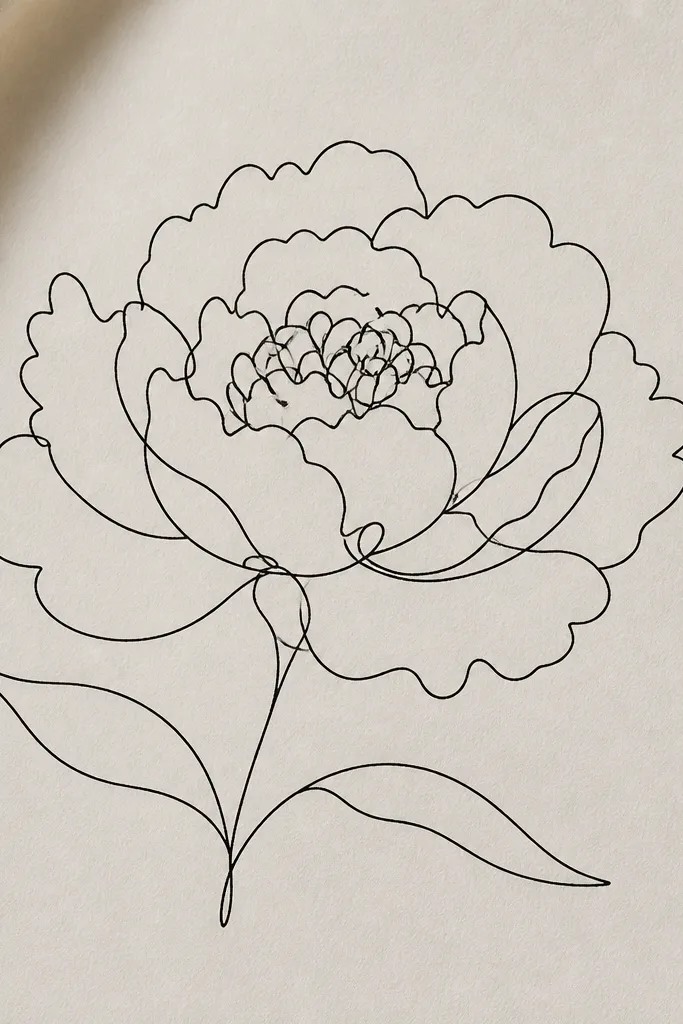 A peony drawn with a single continuous line in black ink. Petals overlap with scalloped edges, and the center spiral is drawn with loops. No color is added, and two leaves are drawn as simple curved lines.