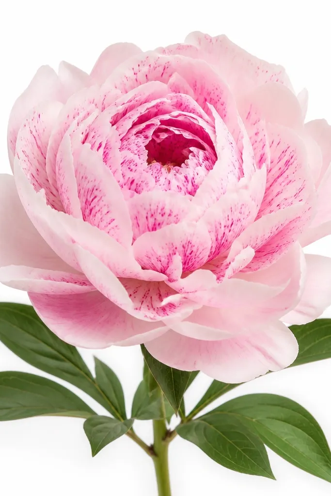 A colored peony with light pink petals and darker pink speckles near the petal centers. The center spiral has a few darker dots. Leaves are green with small vein lines. The background is white with no extra decorations.