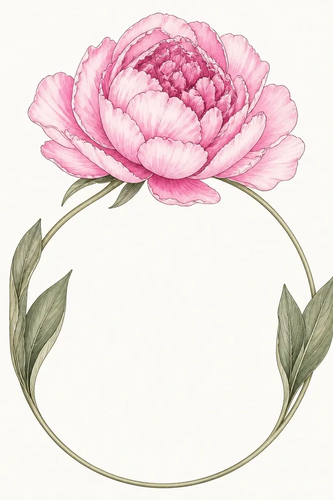 A peony drawing positioned like a picture frame. The bloom sits above a blank space for writing, with two leaves and a curved stem that forms an arch. The petals are outlined and colored in two pink tones.
