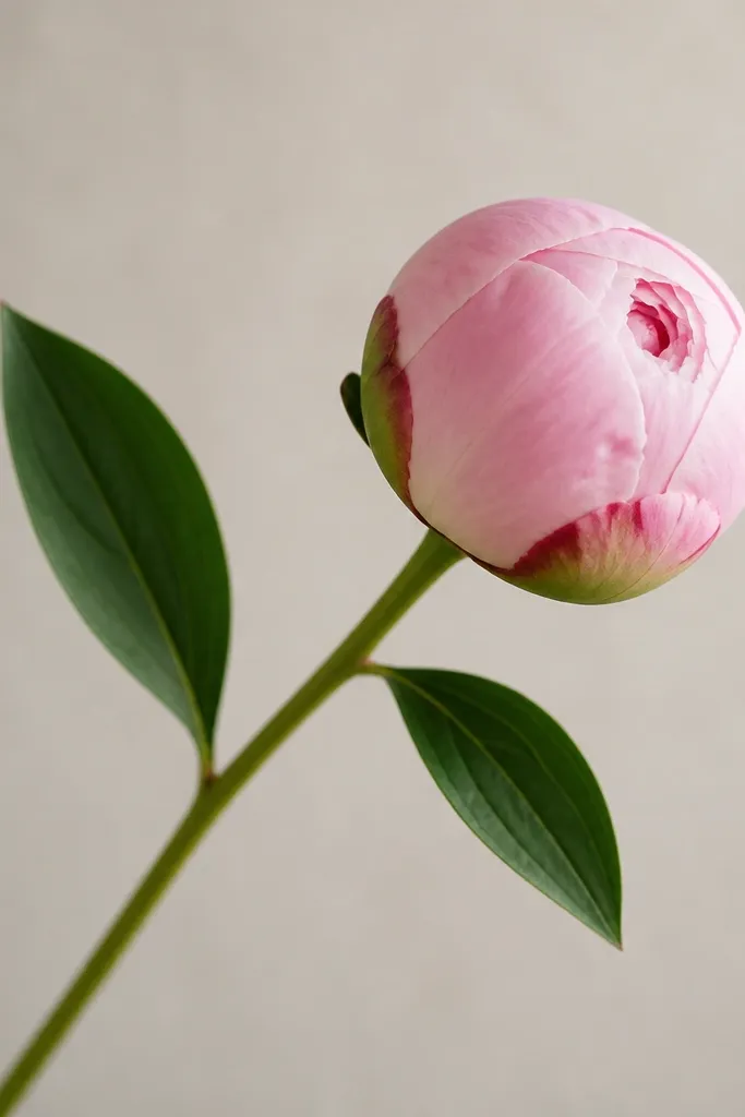 A single peony bud on a diagonal stem. Three leaves fan out along the stem in different sizes, with a small vein line on each. The bud shows folded petals and a tiny spiral center.