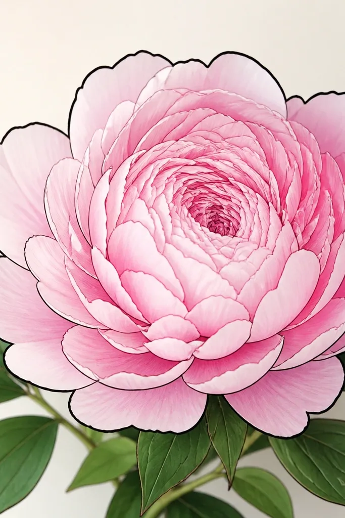 A full peony bloom with thick black outlines only around the outer petals. Inner petals have thinner lines. The center spiral is drawn with thin loops, and the leaves are green with a darker outline.