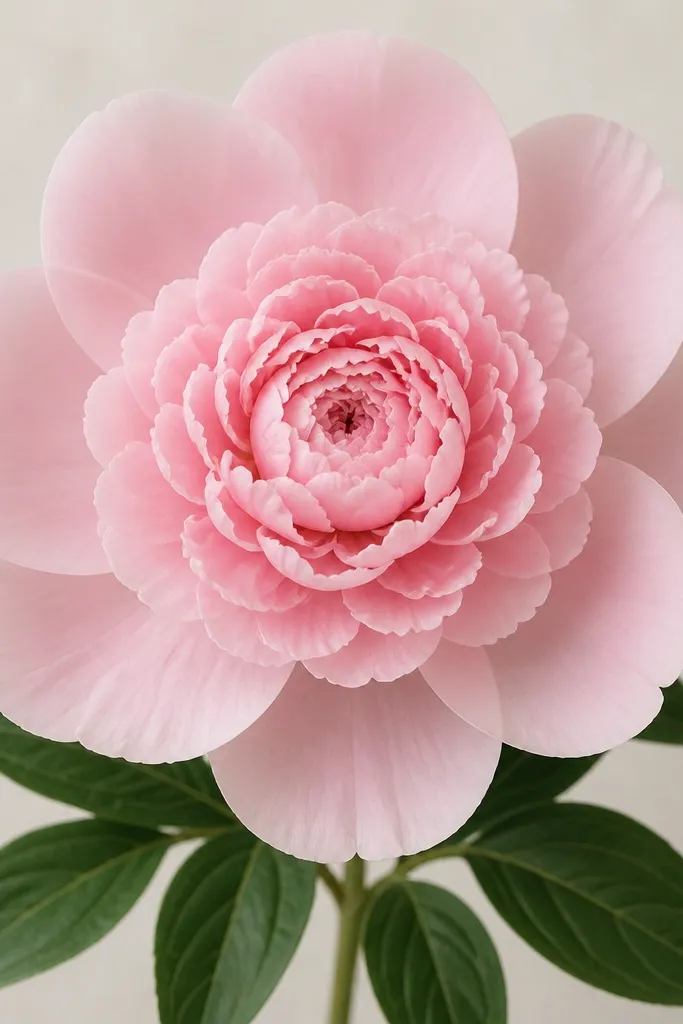 A peony drawn as three rings of petals. The outer ring has 8 large teardrops, the middle ring has smaller scalloped petals, and the inner ring has tiny curled petals forming a spiral. Leaves sit below.