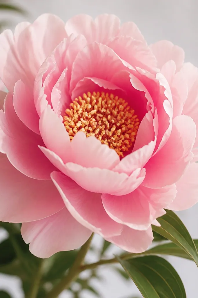 A peony bloom with soft pink petals and a center filled with tiny dot-like stamens. The petals are drawn with scalloped edges and gentle curves. Leaves are simple and slightly curved.