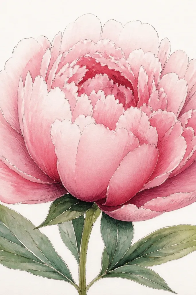 A peony colored to look like watercolor. Petals have soft edges and a gradient from pale top to deeper pink bottom. The outer petals have pencil outlines and light black pen accents. Leaves are washed green with darker veins.