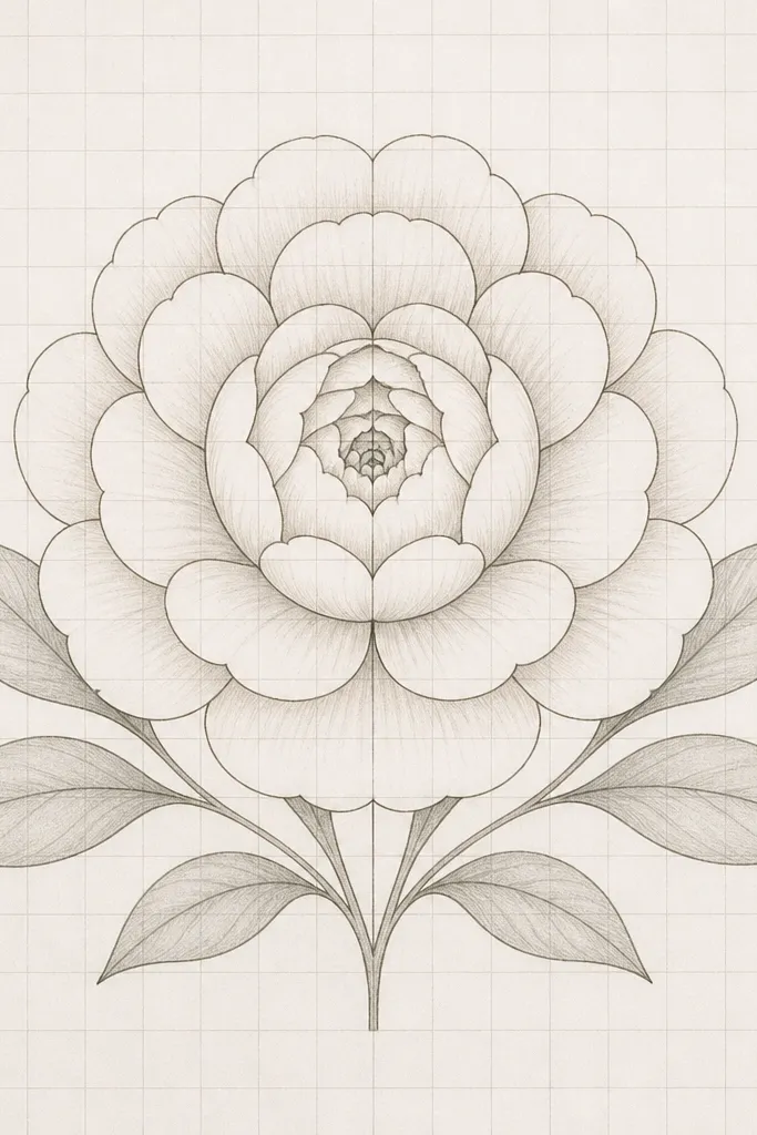 A peony drawn neatly on visible faint grid paper. The petals are evenly spaced with consistent sizes, and the center spiral is centered on a grid intersection. Leaves are symmetrical and lightly shaded.