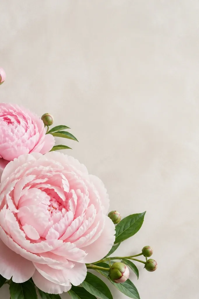 In the bottom-left corner, two peonies overlap. The front bloom is larger and fully open, while the back bloom is smaller and slightly hidden behind it. Leaves and small buds fill the empty space, creating a corner cluster.