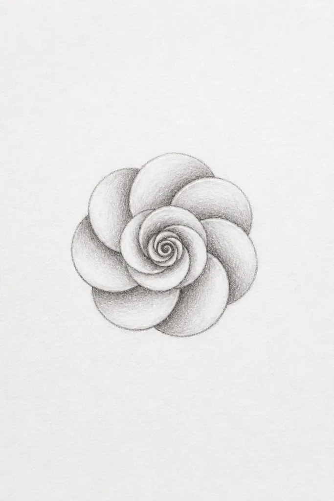 A small rose drawing centered on white paper. The center is a tight spiral. Around it are exactly eight overlapping loops shaped like sideways C's, each loop slightly tilted. Light shading sits under each loop with a darker pencil line on one side, plus a faint highlight line on the top edge of a few petals.