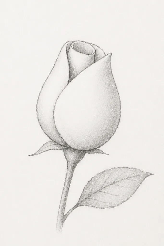 A rosebud sketch with only three main petals. The petals are drawn as rounded folds curling inward, meeting at a small opening at the top. The drawing has a short stem line and one simple leaf. The shading is minimal: a soft gray on the underside of each petal.