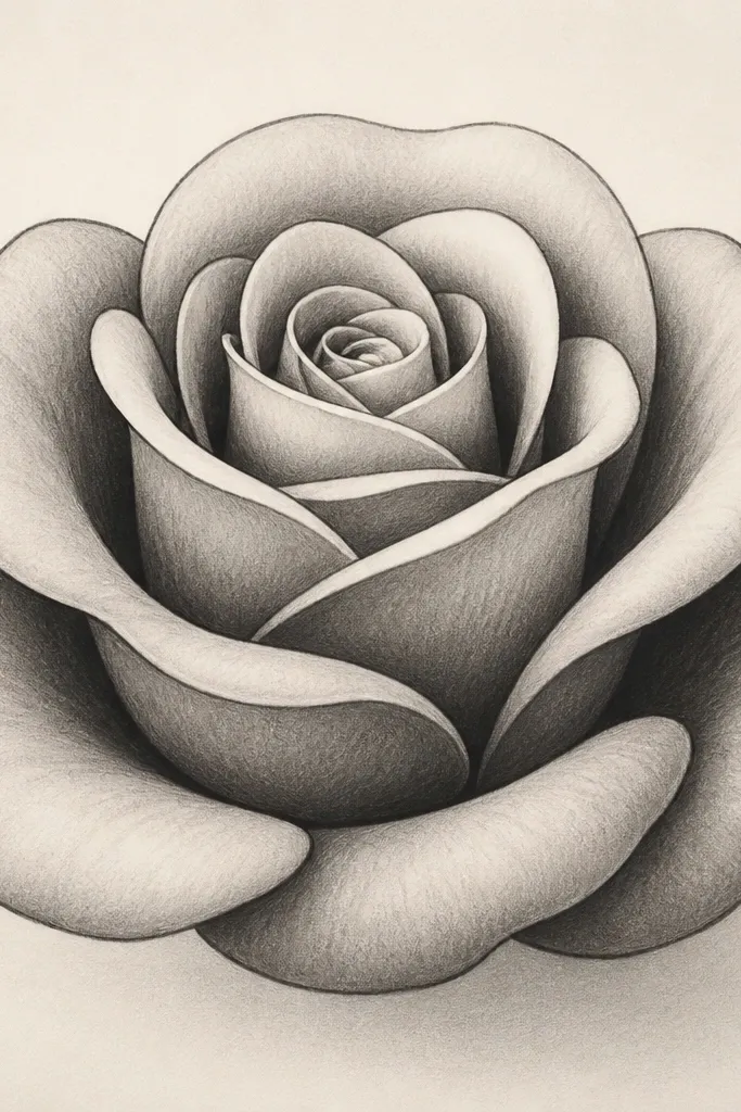 A bolder rose drawing with thick-looking petals. Each petal resembles a rounded U with the ends curving upward. The petals overlap in three layers, and the shading is heavier near the base of each petal. The outlines are slightly darker than the shading.