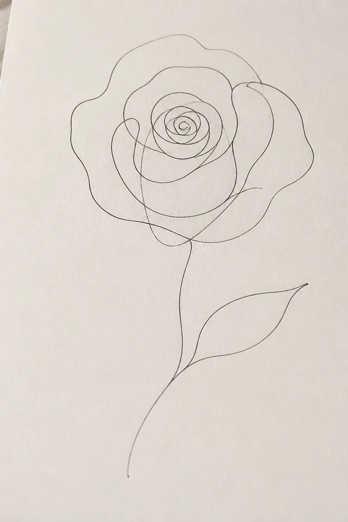 A minimalist rose drawn with one continuous line. The center spiral leads into a spiral of petals that loop outward. There's no heavy shading, just a few thin pencil lines to indicate overlap. The rose sits near the top of the page with a light stem and one leaf outline.