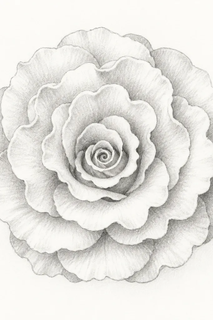 A rose drawing with a tiny center spiral and many wavy petals. The petals look like small scallops with uneven edges. The wavy petals overlap in a loose circle. Shading is done as soft gray arcs following each petal's curve.