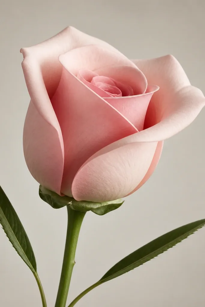 A rose drawn from the side. Only three main petals are visible, forming a curved opening. The center spiral is partly hidden behind the front petals. The outline is smooth, and shading concentrates on the inner curve where petals overlap. A stem and two narrow leaves frame the rose.
