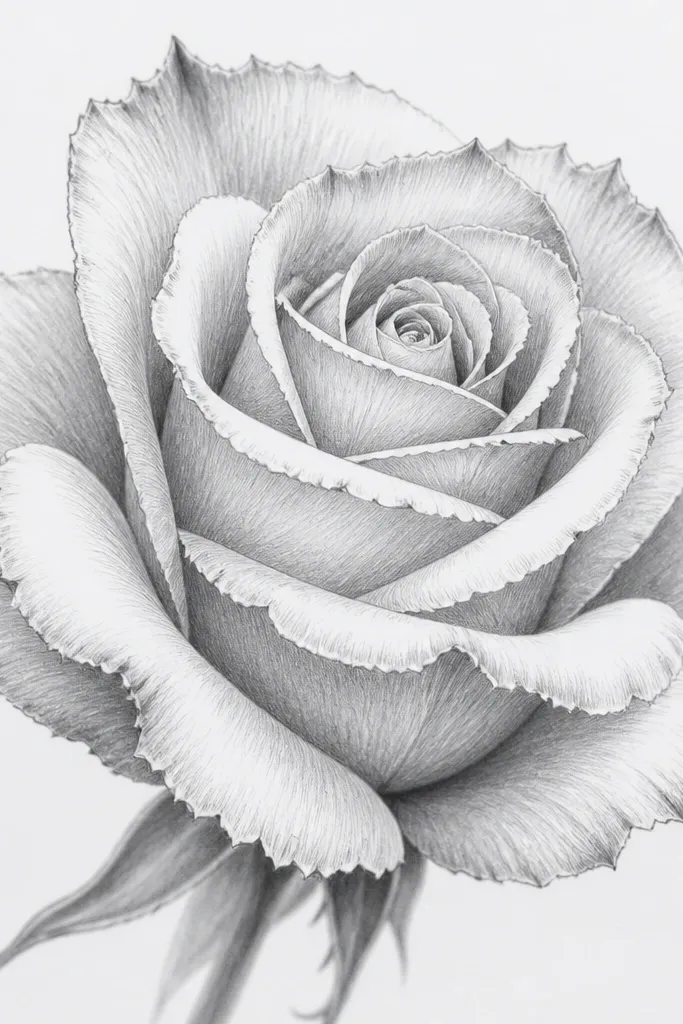 A rose with petals that have slightly jagged tips. The petals are mostly C-shaped but the outer edges have tiny notches. The center is a spiral. Shading is done with sharp pencil strokes that follow the notches, giving a crisp texture.