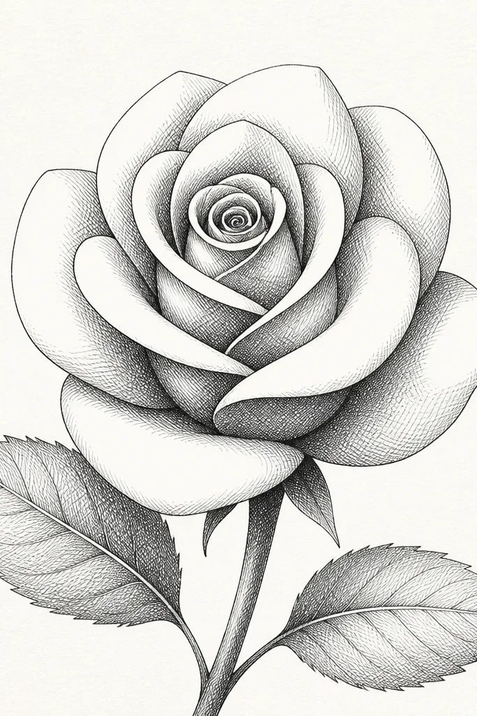 A rose with clear cross-hatching inside the shadow areas. The petals are drawn as teardrops in two rings. The center is a tight spiral. Shadows are made with diagonal lines crossing each other only under overlaps, while highlights stay blank.