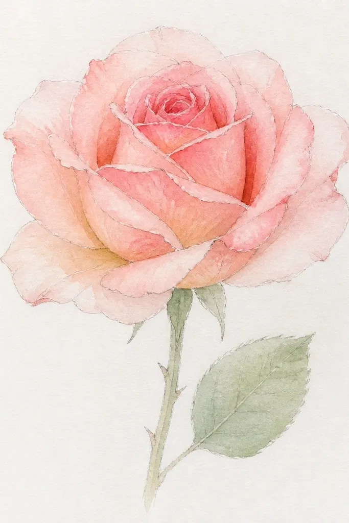 A rose with a light pencil outline. The petals have soft watercolor washes in pink and peach tones, with darker edges near overlaps. The center is slightly darker and more saturated. A faint green stem and leaf sit below. The pencil lines are visible but light.
