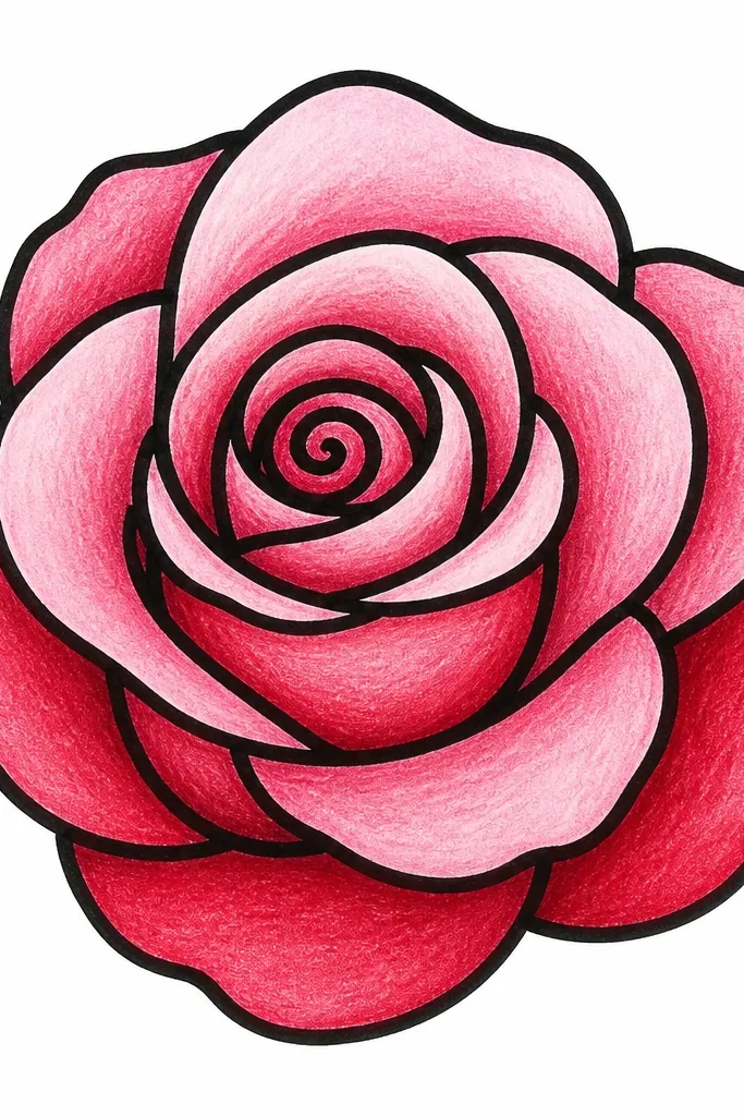 A bold black marker rose outline. The center is a spiral drawn in thick ink. Petals are C-shaped and neatly overlapped. Inside each petal, colored pencil fill follows the petal shape with light-to-dark shading. The background is white with no wash.