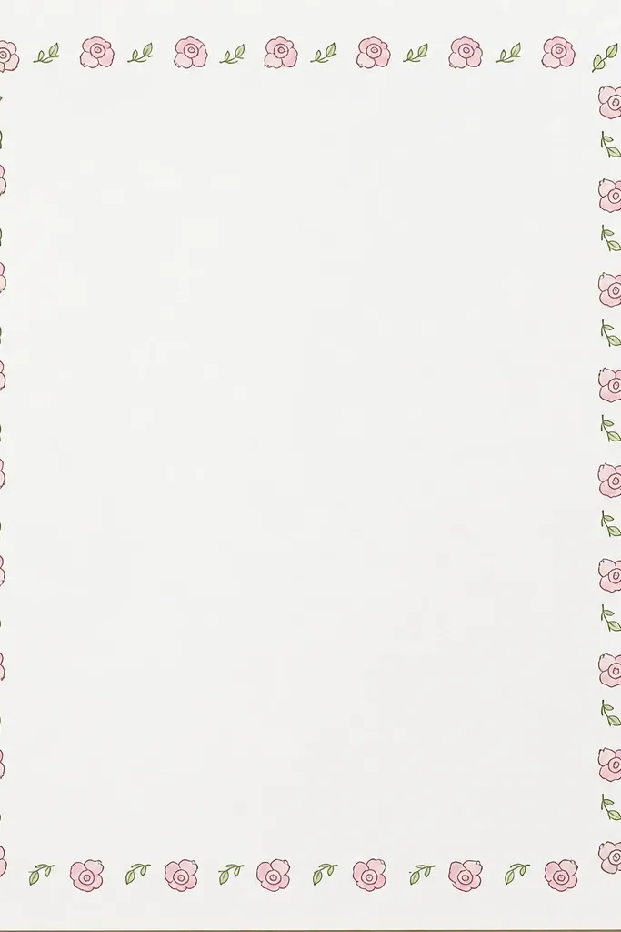 A repeating border of small roses along the edge of a page. Each rose is tiny, with a spiral center and three to four petals. The roses alternate direction. There are simple green leaves between the flowers. The border is neat, evenly spaced, and easy to color.