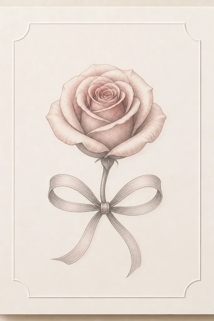 A rose drawn with a spiral center and layered petals, plus a curved stem that turns into a ribbon bow. The bow has two loops and a small knot. The rose petals are shaded lightly. The whole composition sits in the center of a card-like frame.