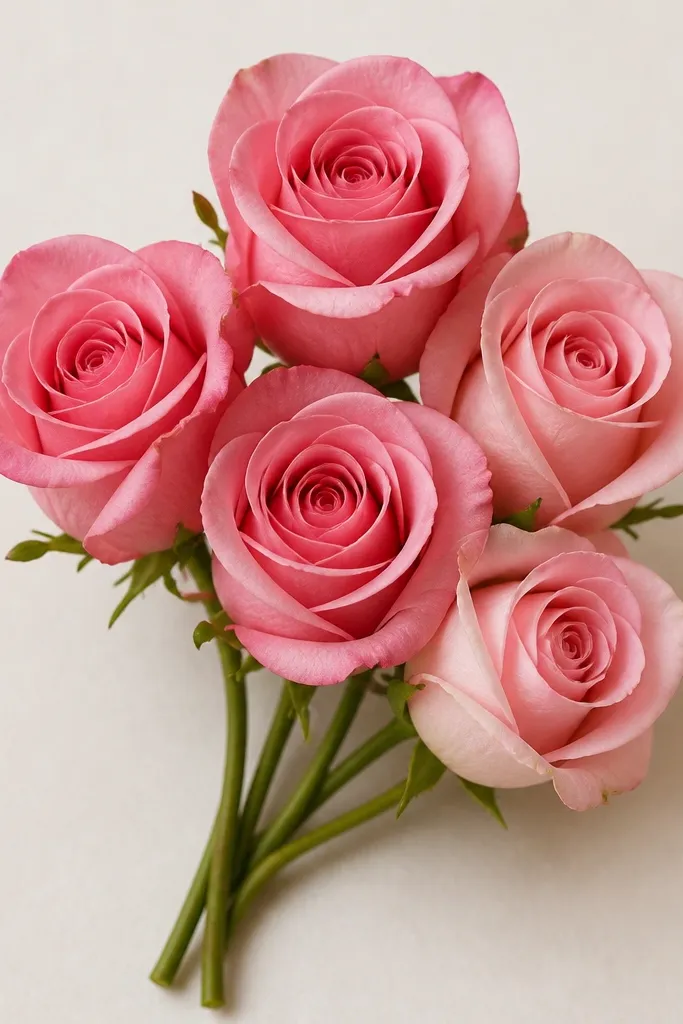 Five mini roses clustered together like a small bouquet. Each mini rose has a spiral center and 4 to 6 petals. Some roses overlap others. A few stems curve into a bundle at the bottom. There are small leaf dots and tiny shadow lines beneath petals.
