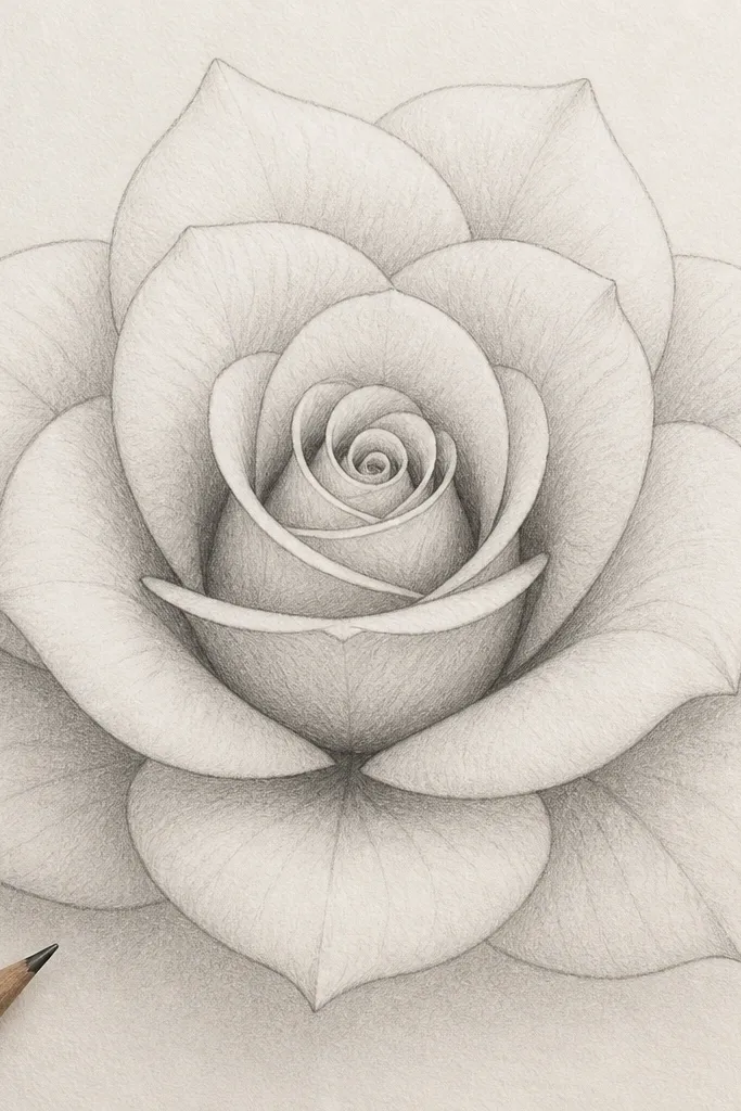 A rose drawing with visible petal vein lines. The petals are teardrops arranged in a rosette, and each petal has one gentle curved line from near the center to the outer edge. The center is a tight spiral. Shading is light, with darker pencil near the base of each petal.